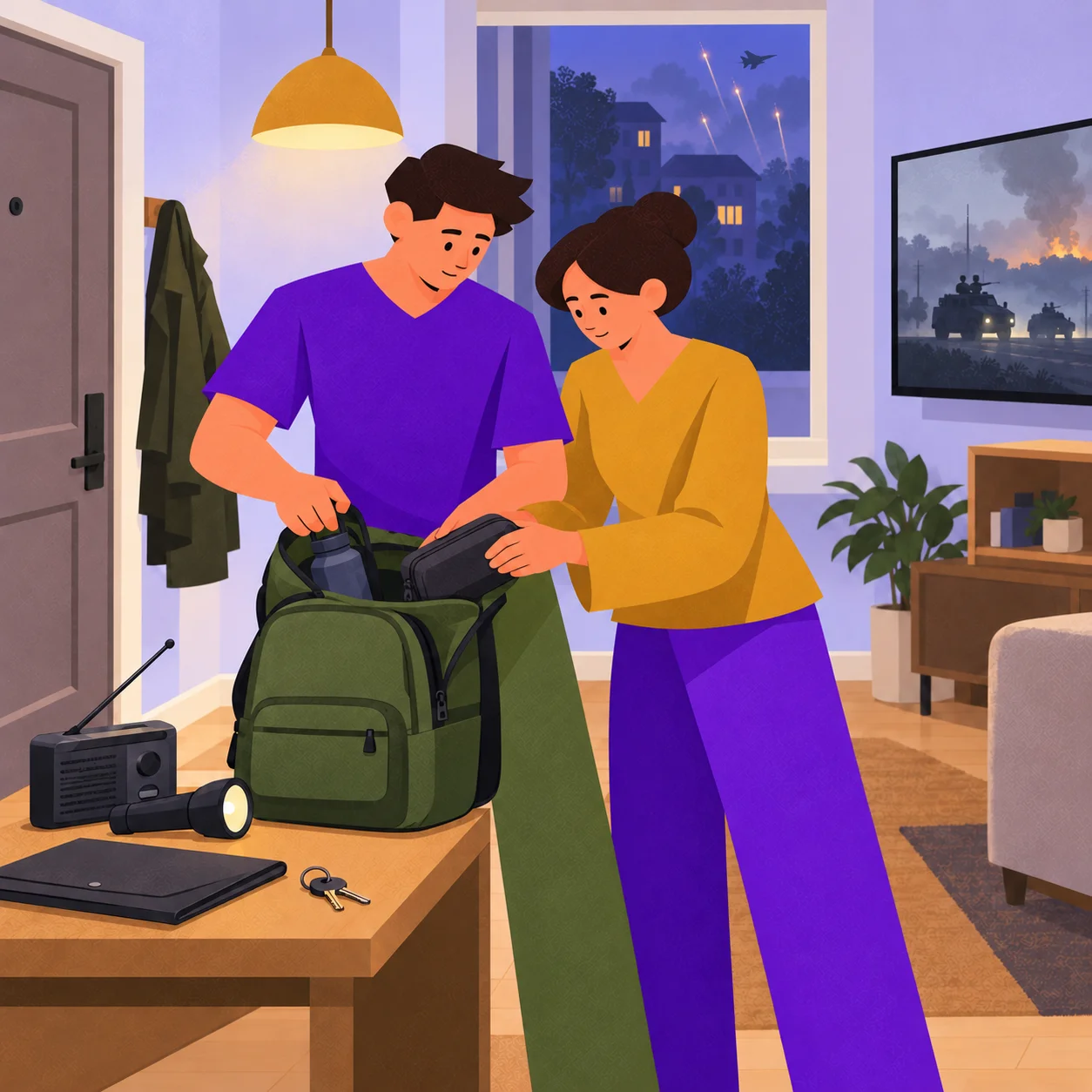 Two people calmly pack essentials into a backpack at home, while a news report and aircraft outside hint at uncertain days ahead.